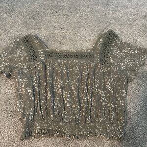 Arizona Jean Company Olive Green Floral Lace-Trim Smocked Crop Top